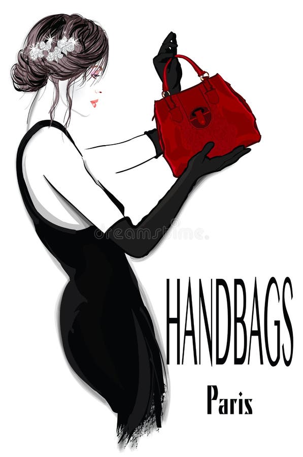 Arbeiten Sie Frauenmodell im schwarzen Kleid mit Handtasche um lizenzfreie abbildung