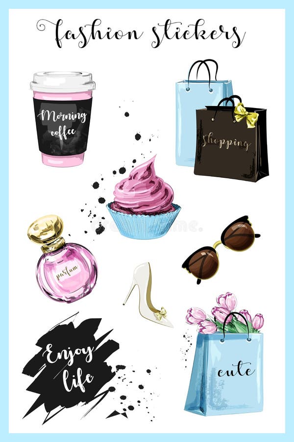 Arbeiten Sie Planermädchenaufkleber mit Kaffeetasse-, Einkaufstasche-, Parfüm-, Schuh-, Sonnenbrille-, Blumen-, Kuchen- und Sloga lizenzfreie abbildung Arbeiten Sie Planermädchenaufkleber mit Kaffeetasse-, Einkaufstasche-, Parfüm-, Schuh-, Sonnenbrille-, Blumen-, Kuchen- und Sloga lizenzfreie abbildung