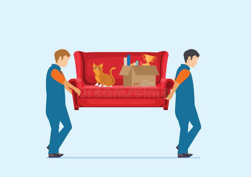 Arbeiter, die Sofa mit großer Kartonschachtel tragen lizenzfreie abbildung