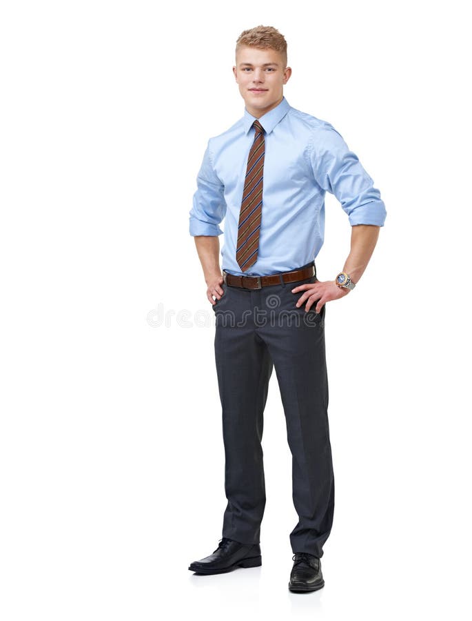 Arbeiter und Lächeln für Portraitberater und Profi auf weißem Hintergrund. selbstbewusst jung und stolz lizenzfreies stockfoto