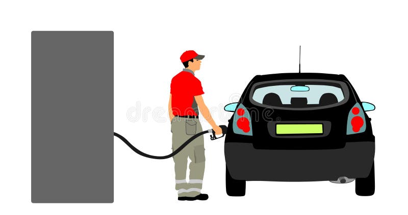 Worker on gas station fill the machine with fuel illustration. Car fill with gasoline. Gas station pump. Man filling gasoline fuel in car holding nozzle.Pumping gasoline fuel in vehicle. Worker on gas station fill the machine with fuel illustration. Car fill with gasoline. Gas station pump. Man filling gasoline fuel in car holding nozzle.Pumping gasoline fuel in vehicle.