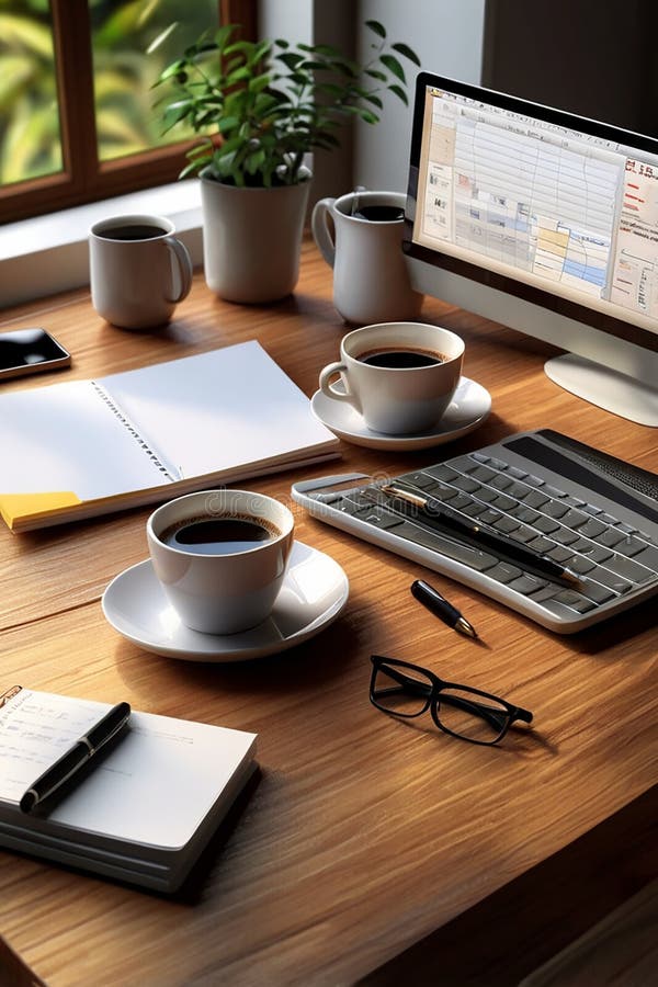 Arbeitsplatz mit Schreibwaren und Kaffee auf Holzschreibtisch. Ein gemütlicher und organisierter Arbeitsplatz auf einem Holzschreibtisch mit einer Mischung aus modernen Geräten und klassischem Schreibtisch.. ein schlankes Notebook mit Smartphone und Tablett in der Nähe, in dem sich beide verschiedene Anwendungen befinden,. neben den Spielgeräten sind die Notizbücher mit klebrigen Notizbüchern und ein kleiner Schreibtischkalender. neben dem Arbeitsbereich befindet sich eine Dampftasse Kaffee, die eine warme und einladende Note verleiht. Die Holzstruktur des Schreibtisches verbessert die Ästhetik der Landschaft und bildet einen natürlichen und beruhigenden Kontrast zu den technischen und Büroartikeln, wodurch der Arbeitsbereich sowohl funktional als auch inspirierend wirkt..