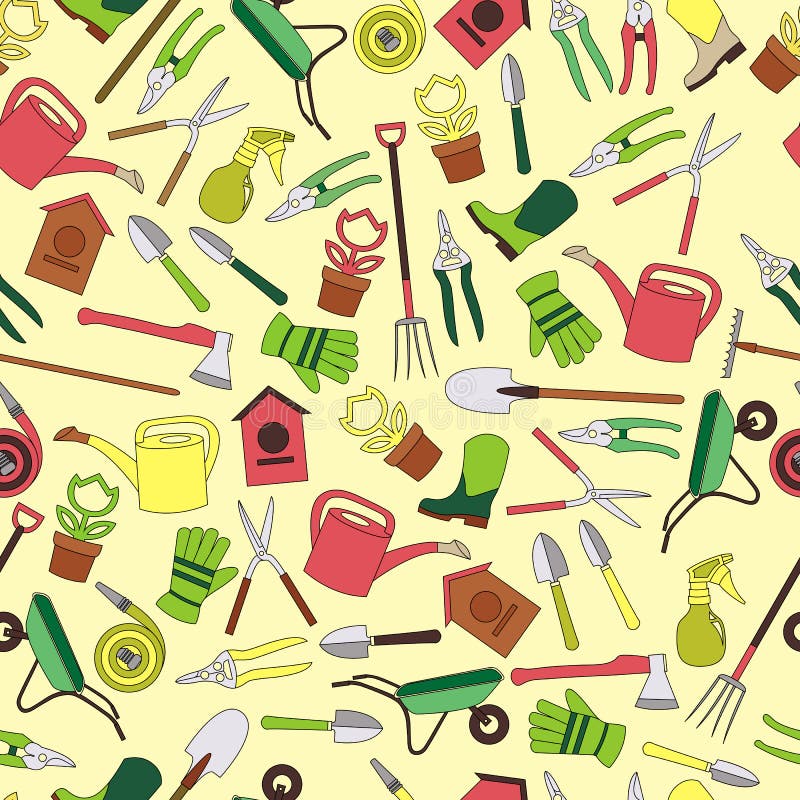 Arbeta i trädgården sömlös modelldesign med den gulliga plana symbolsvektorn vektor illustrationer Arbeta i trädgården sömlös modelldesign med den gulliga plana symbolsvektorn vektor illustrationer