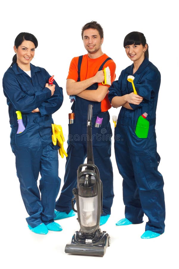 Team of workers people in a row offering cleaning service isolated on white background. Team of workers people in a row offering cleaning service isolated on white background