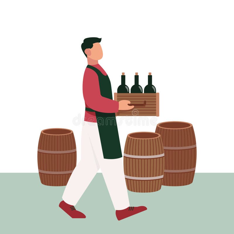 Arbetare i förklädeslåda med vinflaskor i butiken. Framställning av alkoholhaltiga drycker stock illustrationer