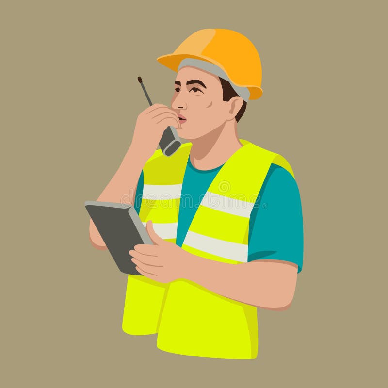 Arbetare med lägenheten för illustration för walkie-talkieradiovektor vektor illustrationer Arbetare med lägenheten för illustration för walkie-talkieradiovektor vektor illustrationer