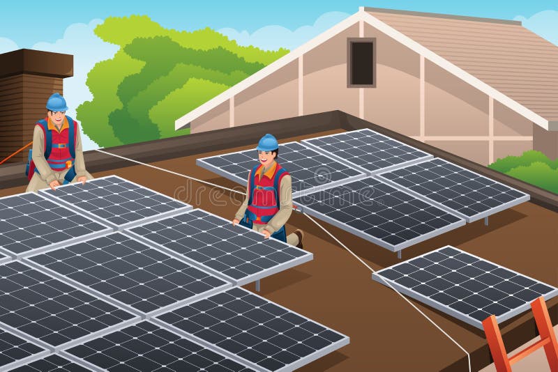 Arbetare som installerar solpaneler på taket stock illustrationer Arbetare som installerar solpaneler på taket stock illustrationer