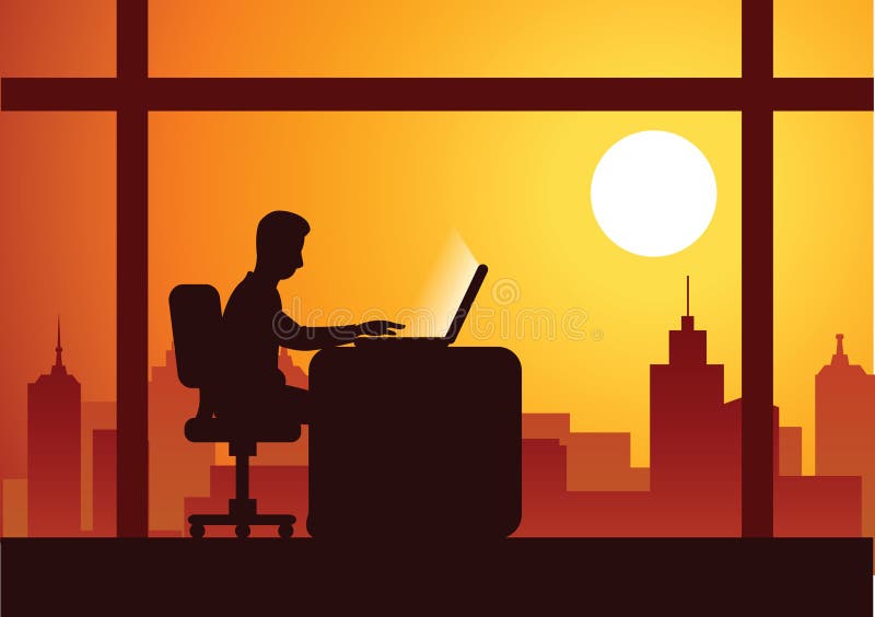 Arbete för affärsman på övertid hårt med bärbara datorn som avslutar hans arbete vektor illustrationer Arbete för affärsman på övertid hårt med bärbara datorn som avslutar hans arbete vektor illustrationer