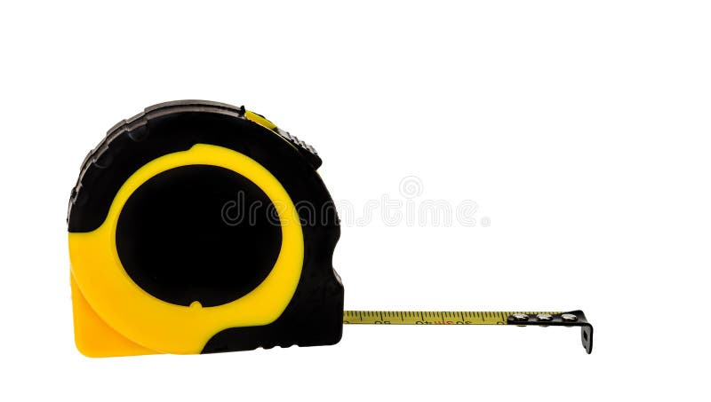 Side view of a retractable tape measure with a white studio background. Side view of a retractable tape measure with a white studio background.