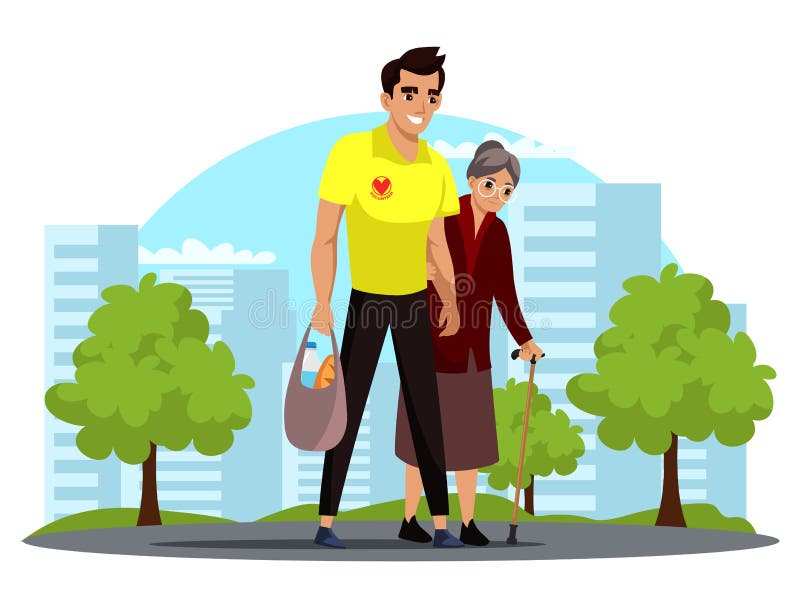 Man volunteer help senior woman with purchase, cross road and go home. Guy carrying shopping paper product bag supporting aged grandma. Social worker and elderly people. Vector city street landscape. Man volunteer help senior woman with purchase, cross road and go home. Guy carrying shopping paper product bag supporting aged grandma. Social worker and elderly people. Vector city street landscape