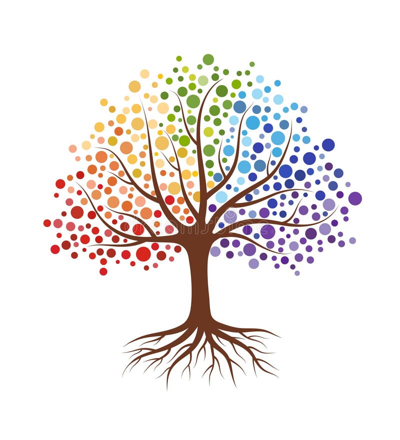 Arbore abstract cu rădăcini și frunze rotunde colorate. izolat pe fond alb. stock illustration