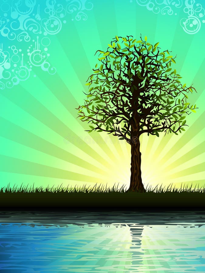 Arbore singuratic reflectând în apă stock illustration