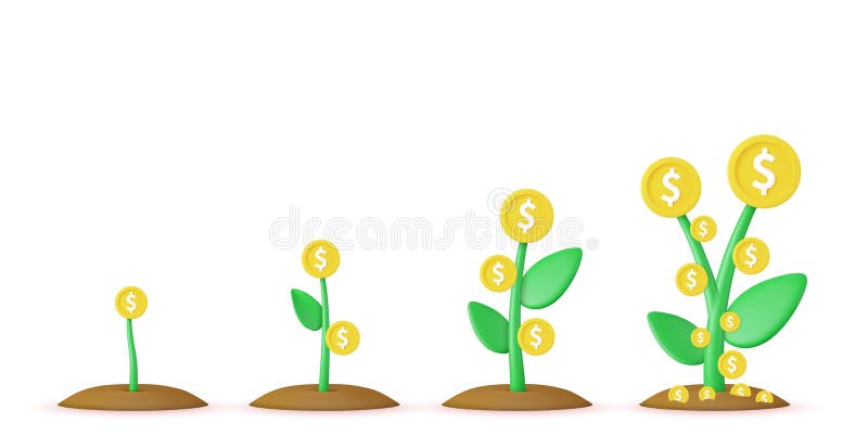 3d Growing money tree. Stages of growing. Gold coins on branches. Symbol of wealth. Business success. 3d rendering. Vector illustration. 3d Growing money tree. Stages of growing. Gold coins on branches. Symbol of wealth. Business success. 3d rendering. Vector illustration