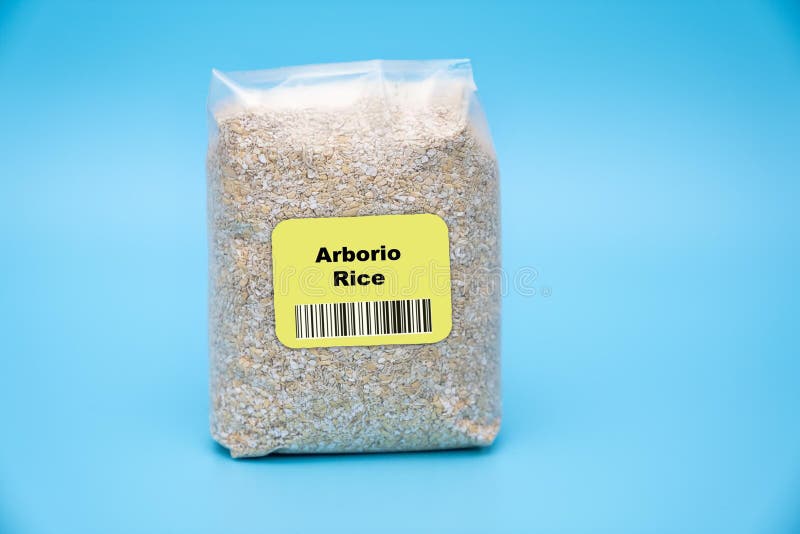 Arborio Rice Creamy texture and high energy supports satiety and metabolism. cereal in a bag stock photo