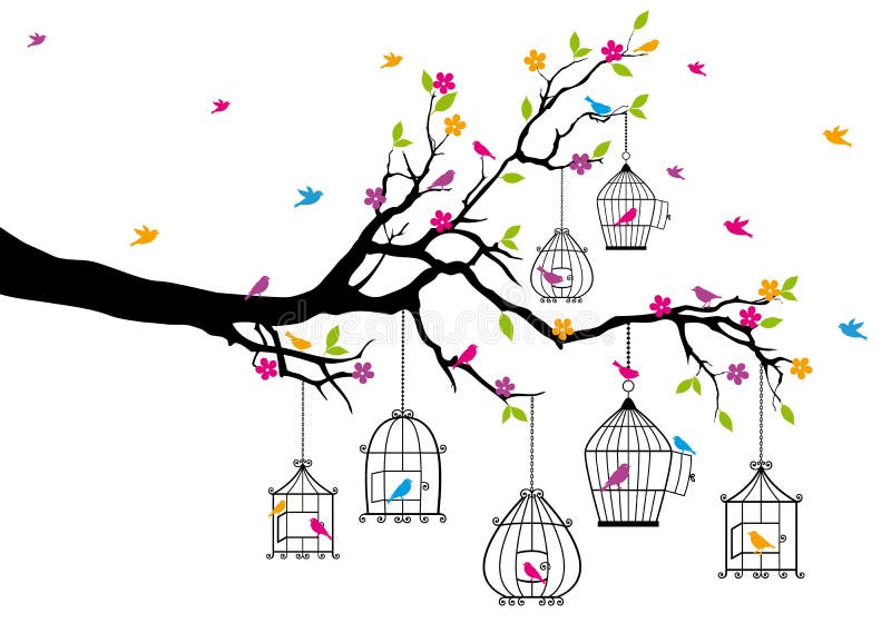 Arbre avec des oiseaux et des birdcages, vecteur illustration libre de droits Arbre avec des oiseaux et des birdcages, vecteur illustration libre de droits