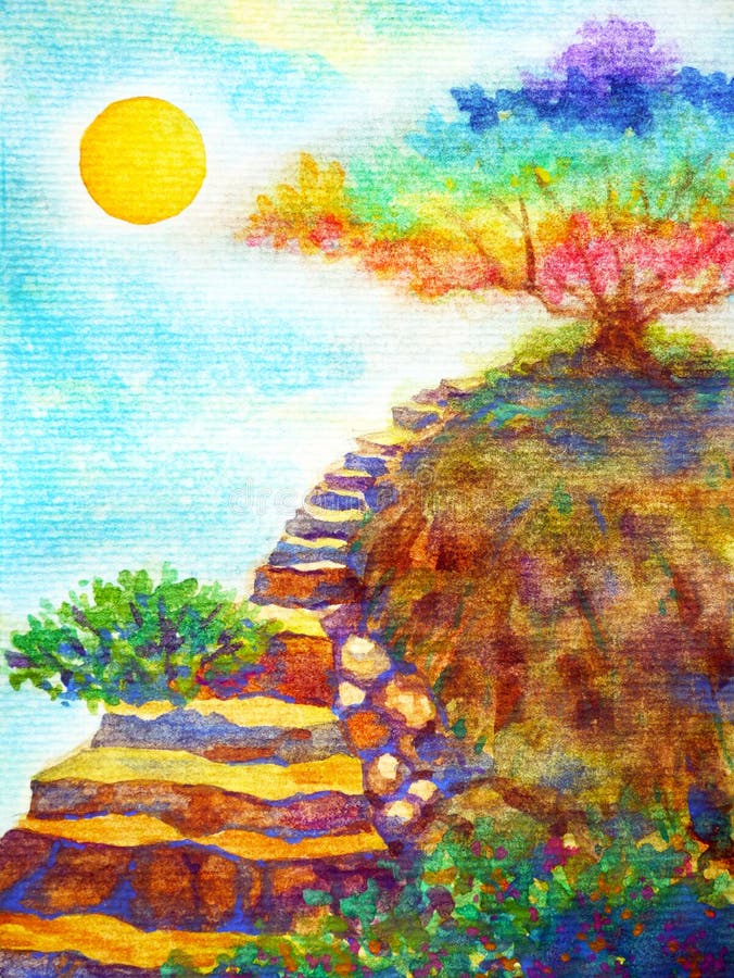 Chakra colorful tree up hill rock stair with blue sky watercolor painting illustration design hand drawing. Chakra colorful tree up hill rock stair with blue sky watercolor painting illustration design hand drawing
