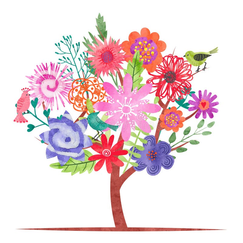 Arbre de fleur d'aquarelle avec les fleurs et les oiseaux colorés abstraits illustration stock Arbre de fleur d'aquarelle avec les fleurs et les oiseaux colorés abstraits illustration stock