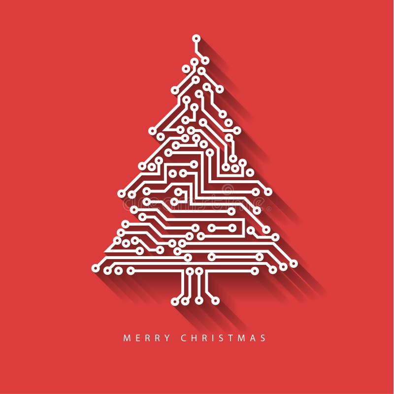 Vector christmas tree from digital electronic circuit on red background with long shadow. Vector christmas tree from digital electronic circuit on red background with long shadow