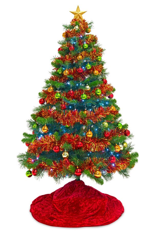 Arbre de Noël avec la jupe rouge d'isolement sur le blanc photos stock Arbre de Noël avec la jupe rouge d'isolement sur le blanc photos stock
