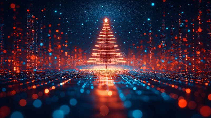Arbre de Noël numérique abstrait avec fond bleu foncé brillant. espace pour le texte. illustration stock