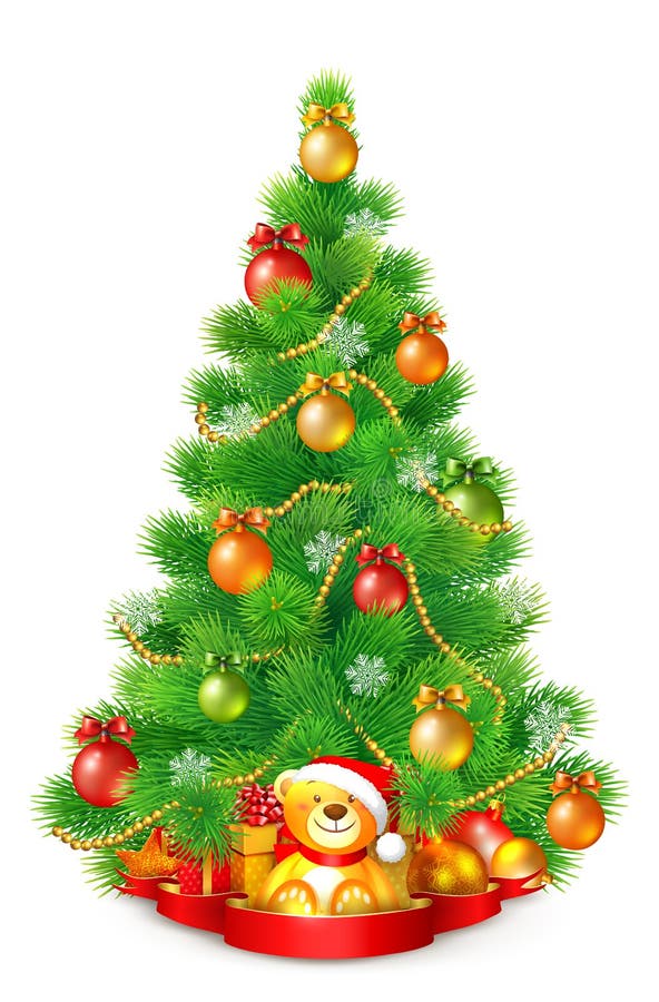 Arbre de Noël pelucheux vert avec les boules, les flocons de neige et les guirlandes colorés illustration de vecteur Arbre de Noël pelucheux vert avec les boules, les flocons de neige et les guirlandes colorés illustration de vecteur