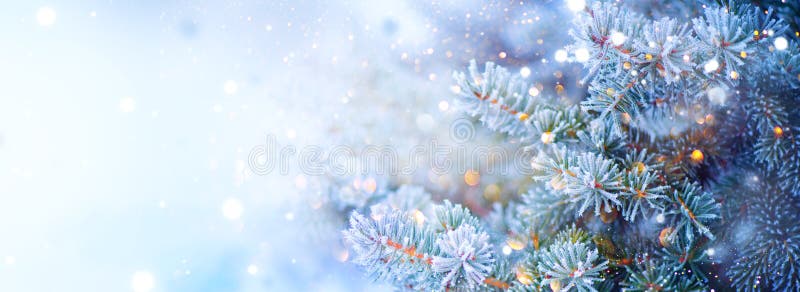 Arbre de vacances de Noël Fond de neige de frontière Flocons de neige Sapin bleu, beau Noël et conception d'art d'arbre de Noël d