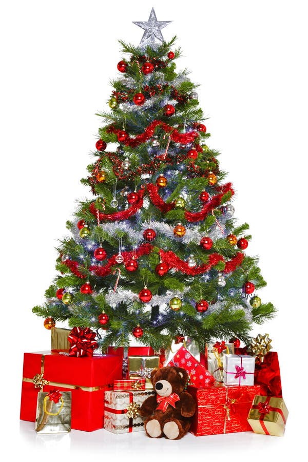 Photo of a Christmas tree with decorations and lights surrounded by presents, isolated on a white background. Photo of a Christmas tree with decorations and lights surrounded by presents, isolated on a white background.