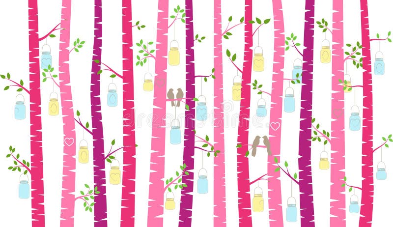 Arbre ou Aspen Silhouettes avec des perruches et Mason Jar Lights de bouleau de jour du ` s de Valentine illustration de vecteur Arbre ou Aspen Silhouettes avec des perruches et Mason Jar Lights de bouleau de jour du ` s de Valentine illustration de vecteur