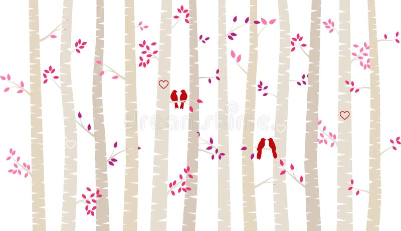 Arbre ou Aspen Silhouettes de bouleau de jour du ` s de Valentine avec des perruches illustration libre de droits Arbre ou Aspen Silhouettes de bouleau de jour du ` s de Valentine avec des perruches illustration libre de droits