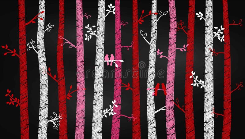 Arbre ou Aspen Silhouettes de bouleau de jour du ` s de Valentine de tableau avec des perruches illustration de vecteur Arbre ou Aspen Silhouettes de bouleau de jour du ` s de Valentine de tableau avec des perruches illustration de vecteur