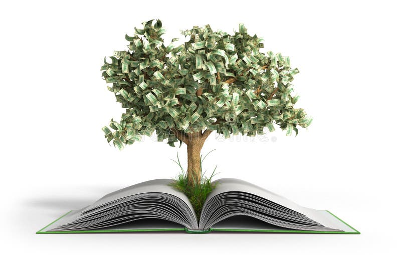 Arbre s'élevant du grand livre ouvert du livre A avec des pièces de monnaie et arbre Readi illustration libre de droits Arbre s'élevant du grand livre ouvert du livre A avec des pièces de monnaie et arbre Readi illustration libre de droits