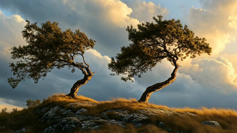 Arbres balayés par le vent sur une colline rocheuse pendant l'heure d'or concept nature et tranquillité illustration stock