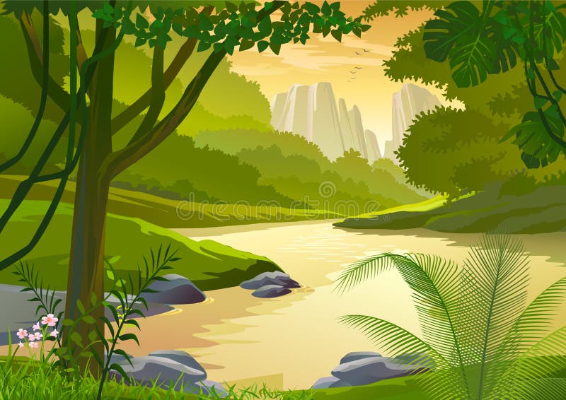 Arbres tropicaux de forêt humide et flot d'eau doux