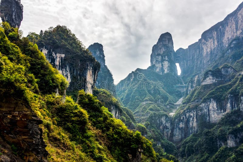 Green bushes on mountain side with Haven Gate in Tianman Mountains in a distance, Zhangjiajie, UNESCO World Heritage Site. Hunan, China. Green bushes on mountain side with Haven Gate in Tianman Mountains in a distance, Zhangjiajie, UNESCO World Heritage Site. Hunan, China