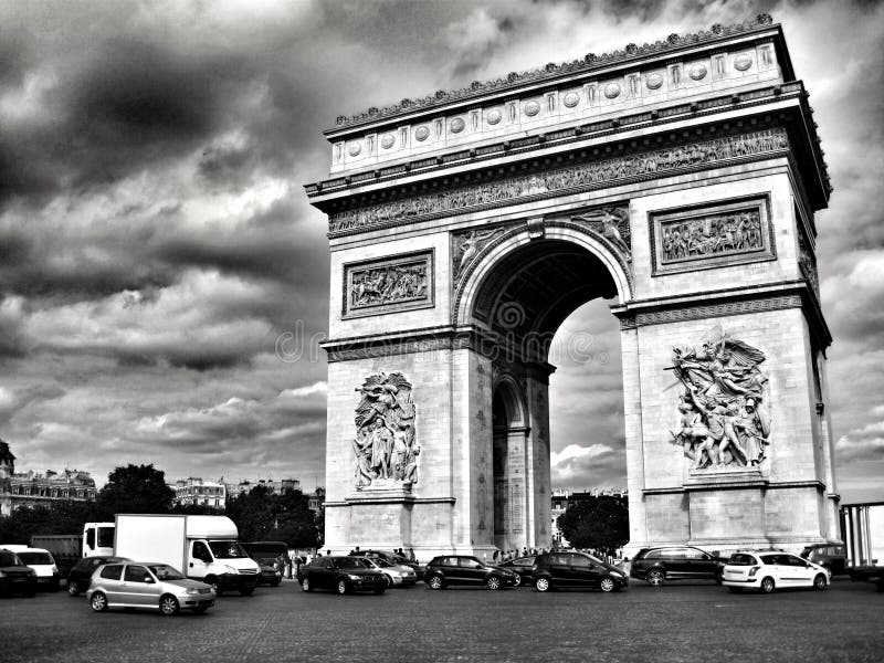 Paris: Black And White Photo Of Arc De Triomphe At Stock Photo - Image