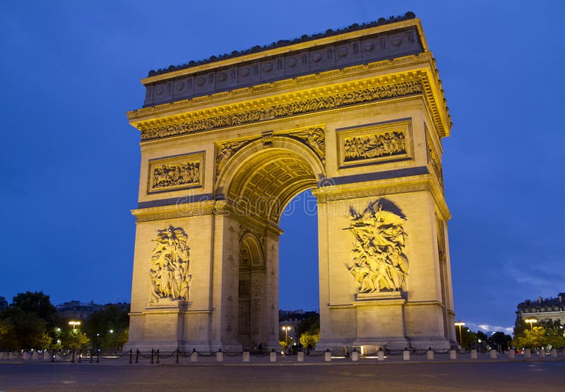 Arc de Triomphe Paris France at night.