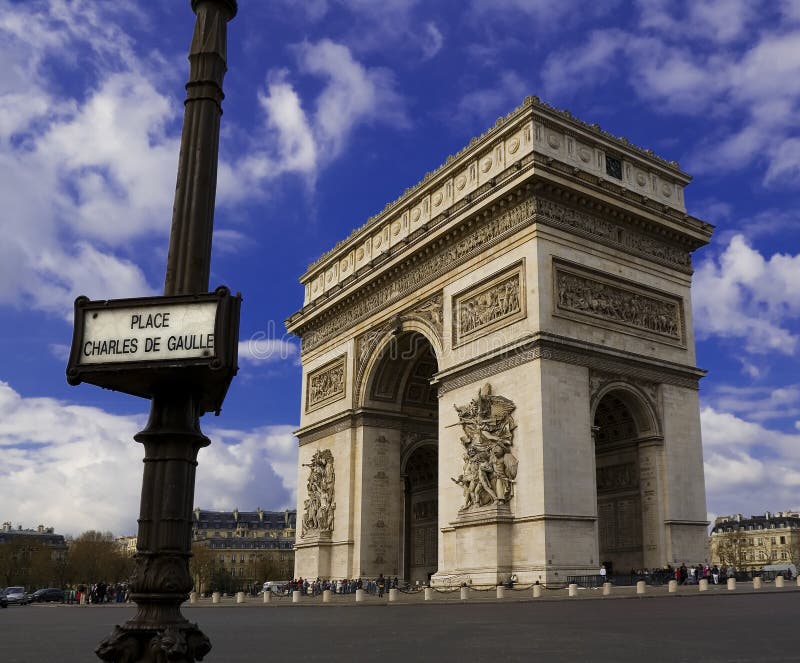 The Arc de Triomphe in sunshine and blue sky with Place Charles de Gaulle street sign in foreground. The Arc de Triomphe in sunshine and blue sky with Place Charles de Gaulle street sign in foreground.