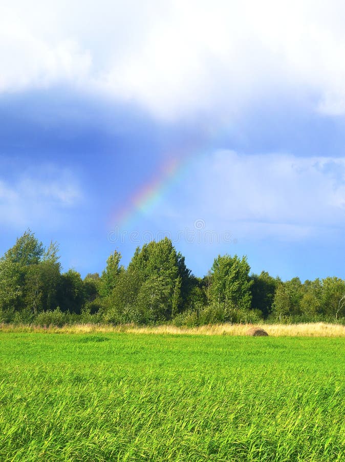 Arc-en-ciel au-dessus d'herbe verte Sun et ski bleu Soleil après pluie images libres de droits Arc-en-ciel au-dessus d'herbe verte Sun et ski bleu Soleil après pluie images libres de droits