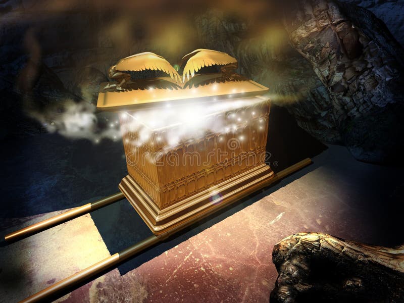 An imaginary Ark of Alliance, or Ark of the covenant, hidden in a vault. The lid of the propitiatory is partially removed, revealing a magnificent inside. An imaginary Ark of Alliance, or Ark of the covenant, hidden in a vault. The lid of the propitiatory is partially removed, revealing a magnificent inside.