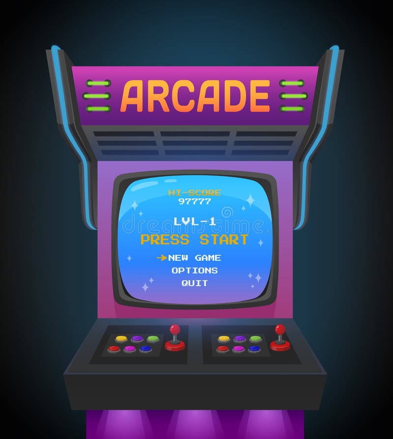 arcade-machine-game-screen-80s-90s-gaming-start-menu-isometric-vector