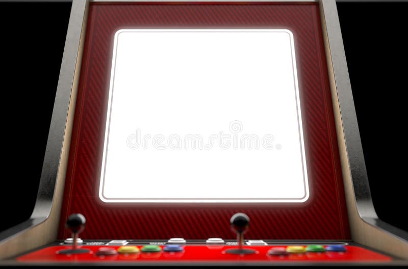 A closeup of a blank screen of a vintage arcade game machine with colorful controllers on an isolated background - 3D render. A closeup of a blank screen of a vintage arcade game machine with colorful controllers on an isolated background - 3D render