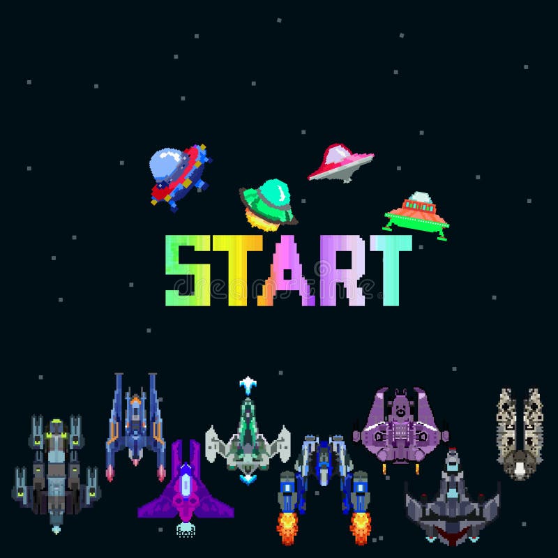 Tela de jogo de arcade retro com invasores de pixel e nave espacial.  gráficos de vetor velho do computador da guerra do espaço 8 bits. jogo de  arcade de vídeo, nave espacial