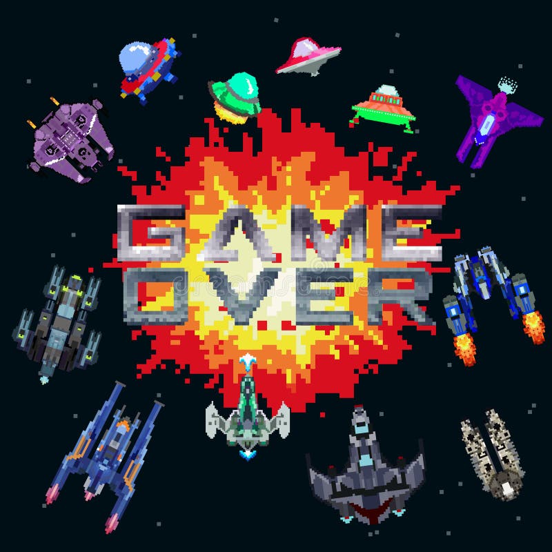 Tela de jogo de arcade retro com invasores de pixel e nave espacial.  gráficos de vetor velho do computador da guerra do espaço 8 bits. jogo de  arcade de vídeo, nave espacial