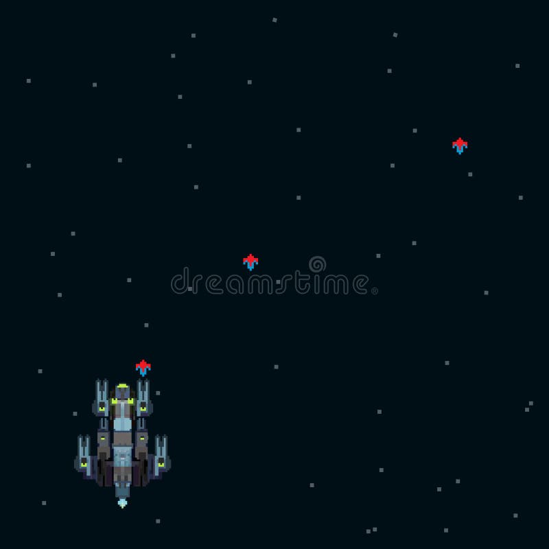Tela de jogo de arcade retro com invasores de pixel e nave espacial.  gráficos de vetor velho do computador da guerra do espaço 8 bits. jogo de  arcade de vídeo, nave espacial