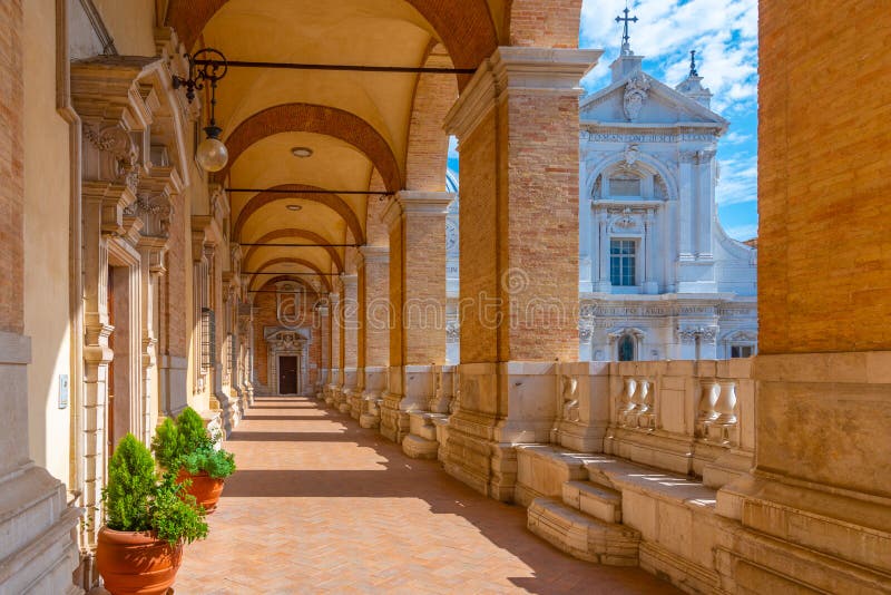 Arcade at the Sanctuary of the Holy House of Loreto in Italy Stock