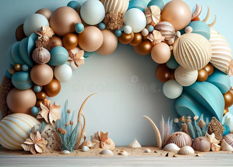 arch of balloons and seashells, birthday in marine style