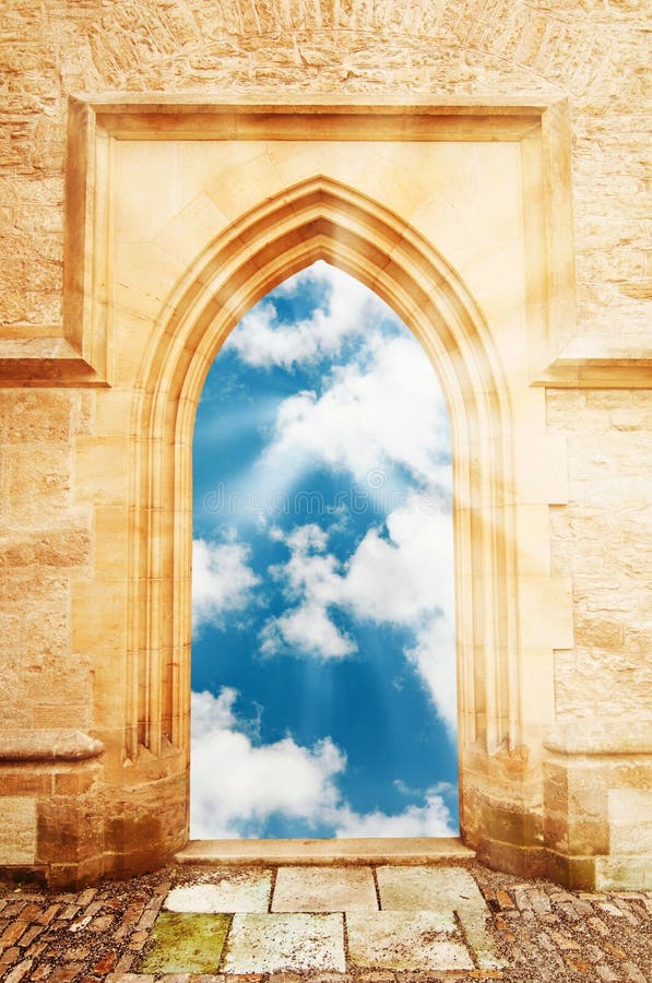 Arch door opening to a beautiful cloudy sky with sun rays. Arch door opening to a beautiful cloudy sky with sun rays