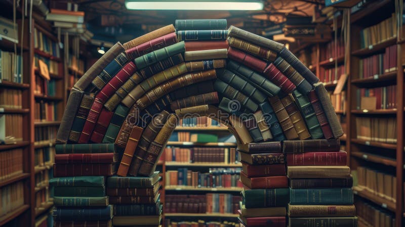 The arch of stacked books. AI generated. Stacked books forming an arch in a library setting. AI generated image.