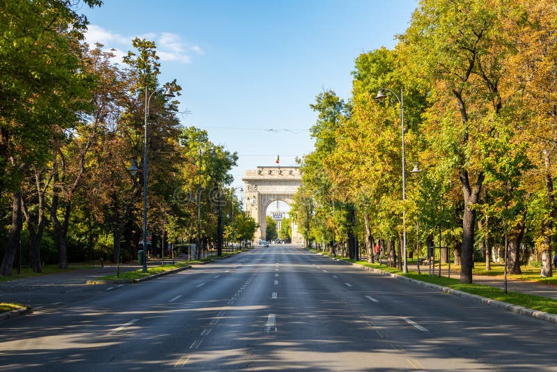 Kiseleff street in Bucharest, Romania. Arch of Triumph