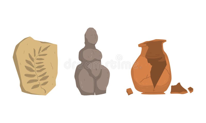 Archaeologists historical artifacts set. Stone section with prehistoric plants, broken clay vase, ancient statue cartoon